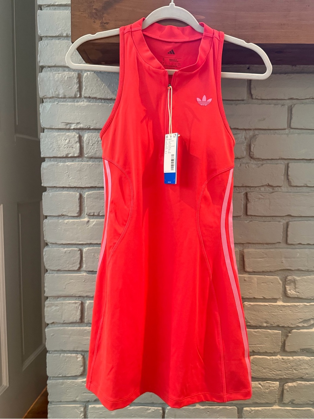adidas Bright Red Sleeveless Zip-Front Sport Dress with Light Pink Stripes - NEW